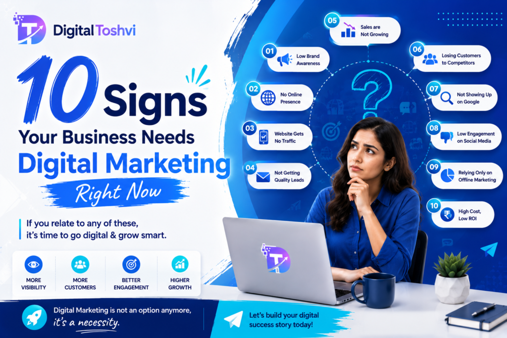 FEATURED IMAGE (Hero/Banner at the top of the blog): Indian small business owner realising the 10 signs that his business needs digital marketing right now in 2026